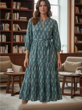 Lucky Brand Blue White Floral Tiered A-Line Dress 3/4 Sleeve S